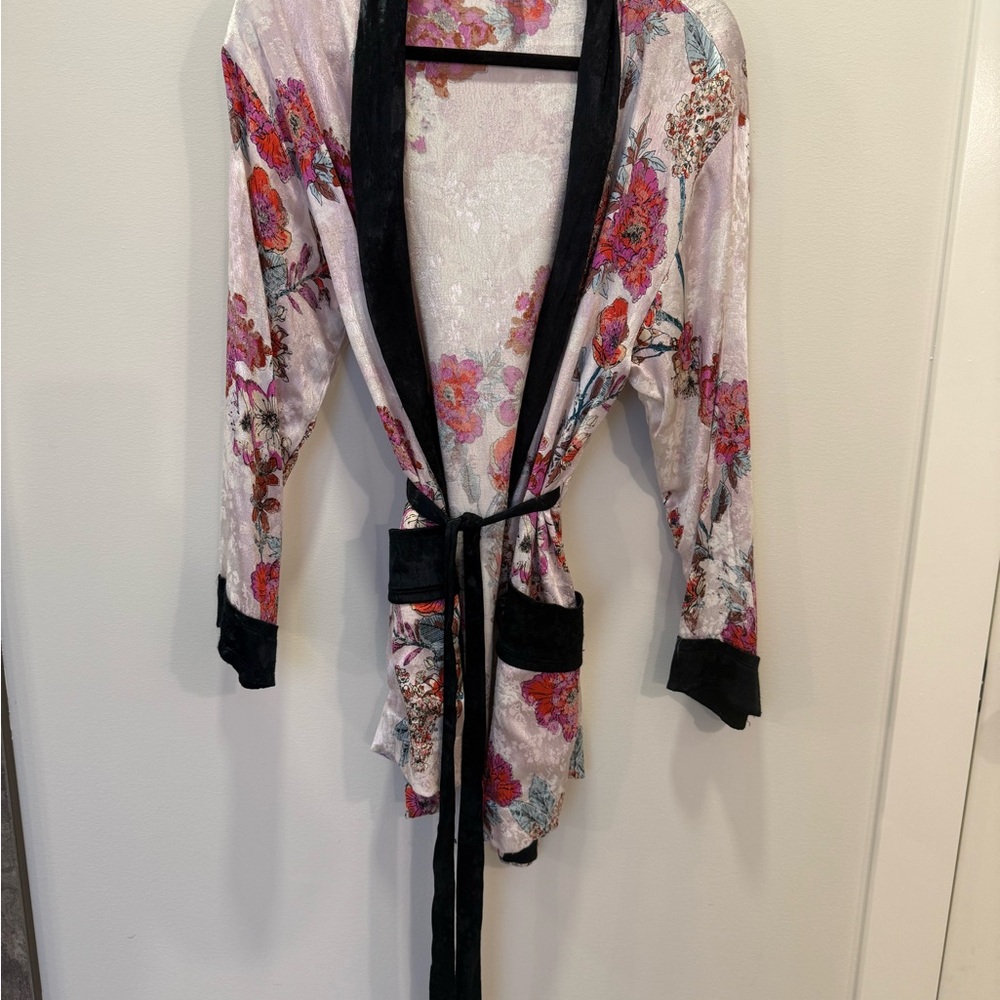 Free People Pink Floral short Kimono with Black Trim
